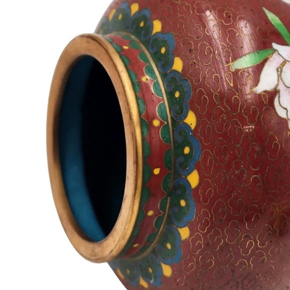 Vintage Dark Red Peony Design Chinese Brass Cloisonné Ginger/Tea Jar * Pristine - Picture 7 of 11